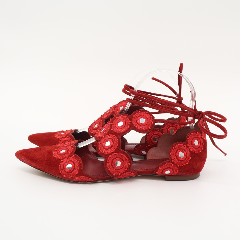Tory Burch Sz 6M Suede Yasmin D'Orsay Point Toe Flat Red Embroidery Beads - Picture 3 of 11